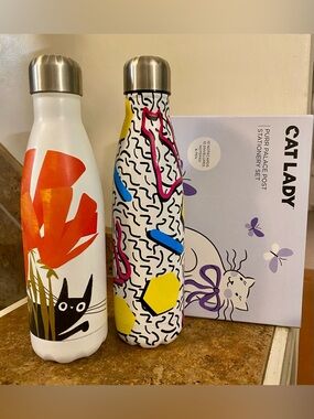 Lot of 2 Cat Lady Insulated Water Bottles with Purr Palace Post Stationery Set